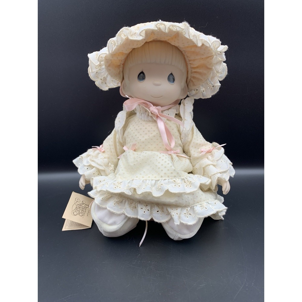 Precious moments porcelain doll Swiss Dot  dress with a bonnet 1984